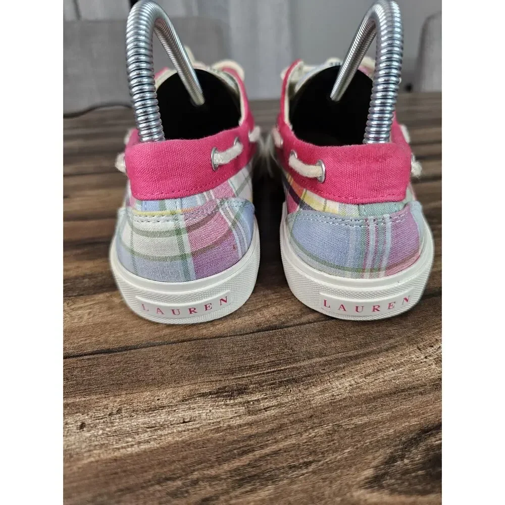 Lauren by Ralph Lauren Breeana Pink Plaid Print Canvas Boat Shoes Size Womens 7B - Picture 8 of 14